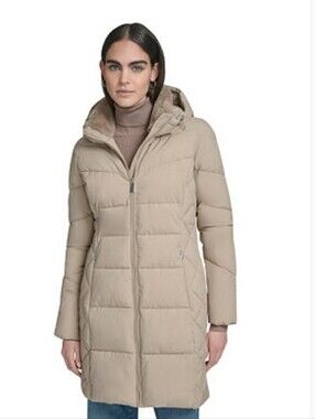 Calvin Klein Women's Collar Hooded Puffer Coat Wheat Biege Long Size M New